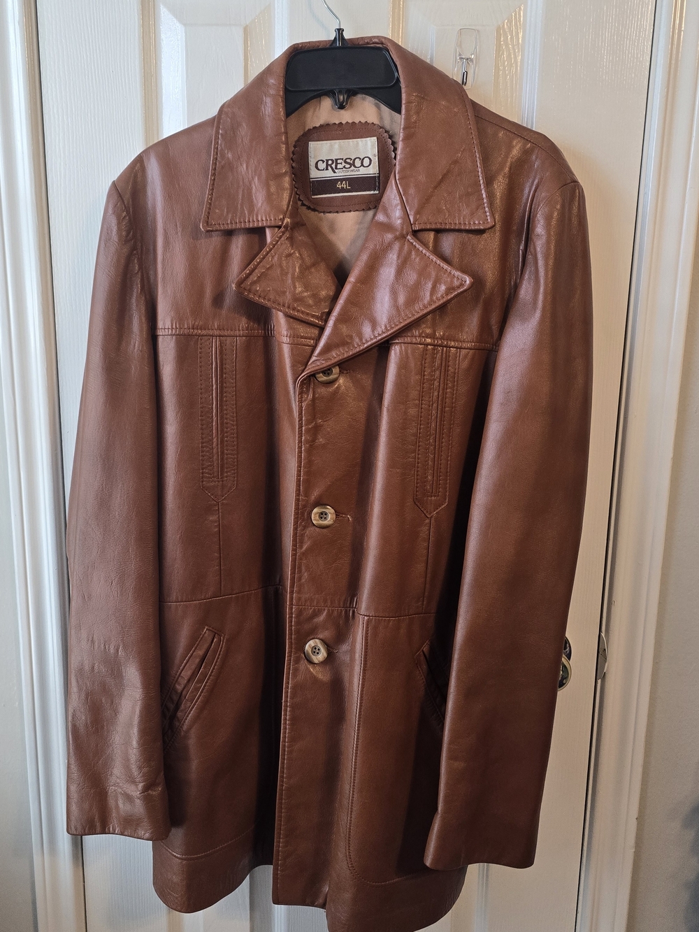 Vintage 70s CRESCO Brown Leather Car Coat Jacket Mens 44L Large Tall Mod Boho